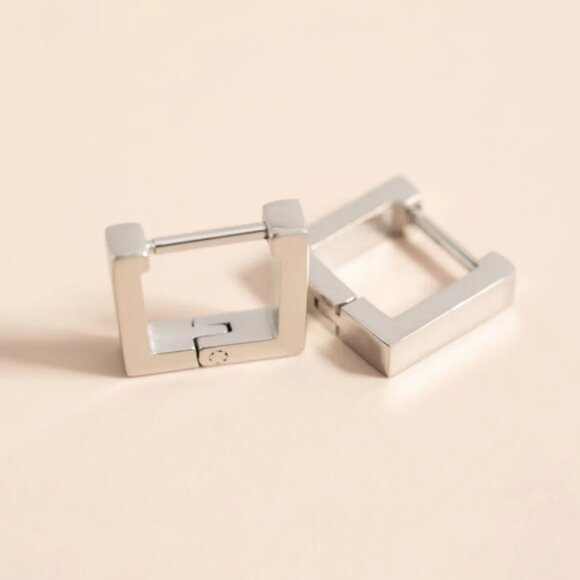 Silver Square Huggie Hoop Earrings – Water & Tarnish-Resistant & Hypoallergenic - Picture 3 of 4